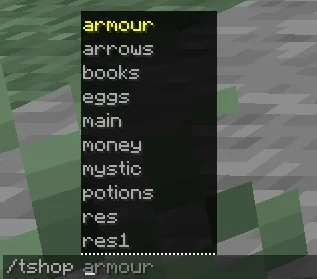 Screenshot: Tab completion for the donor shops in /tshop …