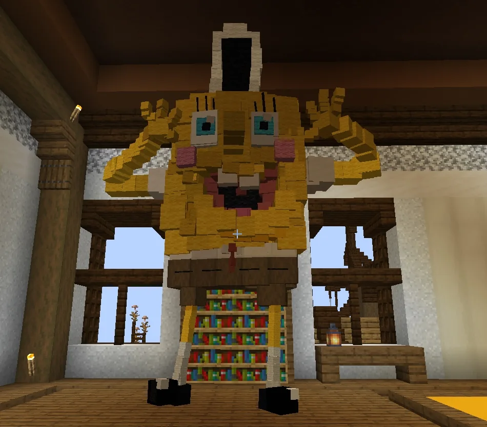 Screenshot: Hand the custom items to SpongeBob at /warp SpongeBob; for a formula or a Krabby Patty he gives you a top item