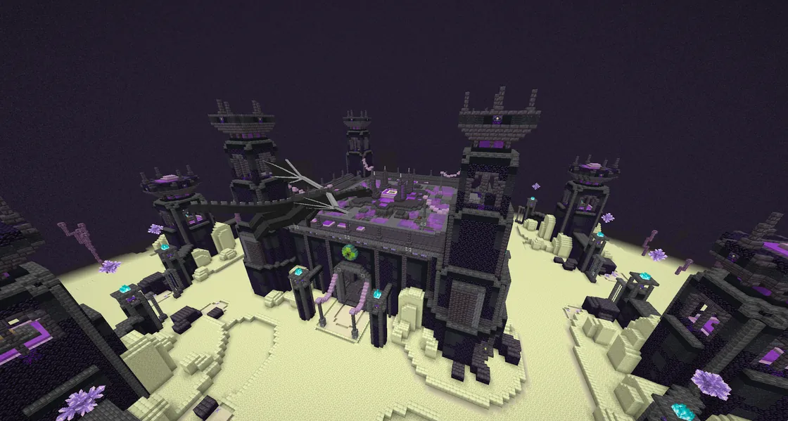 The fortress in the middle of the Ender world with the dragon next to it